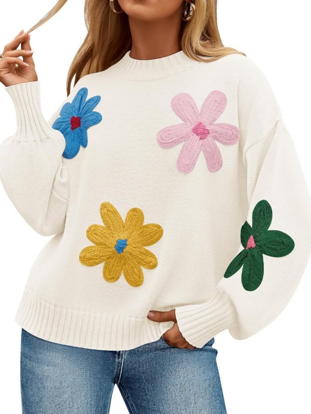 Cozy Floral Knit Pullover Sweater for Women - Perfect Fall & Winter Top